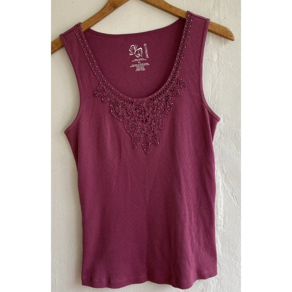 COPY - Perfect Fit Brand Tank Top XL Dark Pink Beaded Crochet Ribbed - Picture 1 of 7